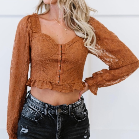 Chocolate Tops - Chocolate USA Lace Corset Flounce Sleeve Crop Top